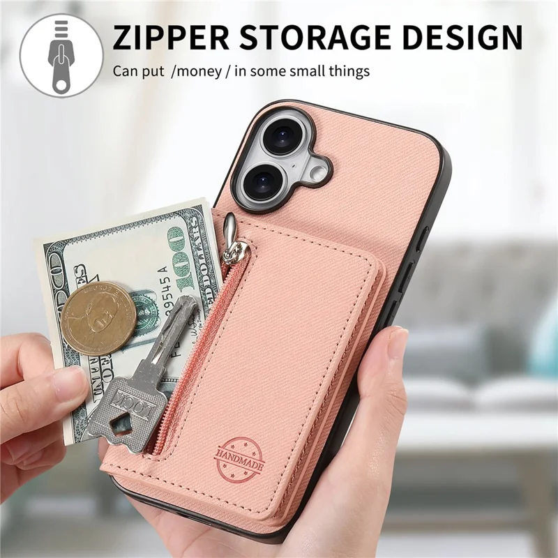 For iPhone 17 Case Zipper Card Holder Kickstand Jeans Cloth Texture Leather Back Cover - Pink