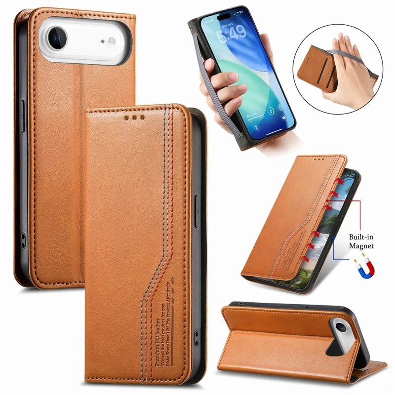 For iPhone Air Case Wallet Tri-Color Stitching Leather Phone Cover with Elastic Wristband - Brown