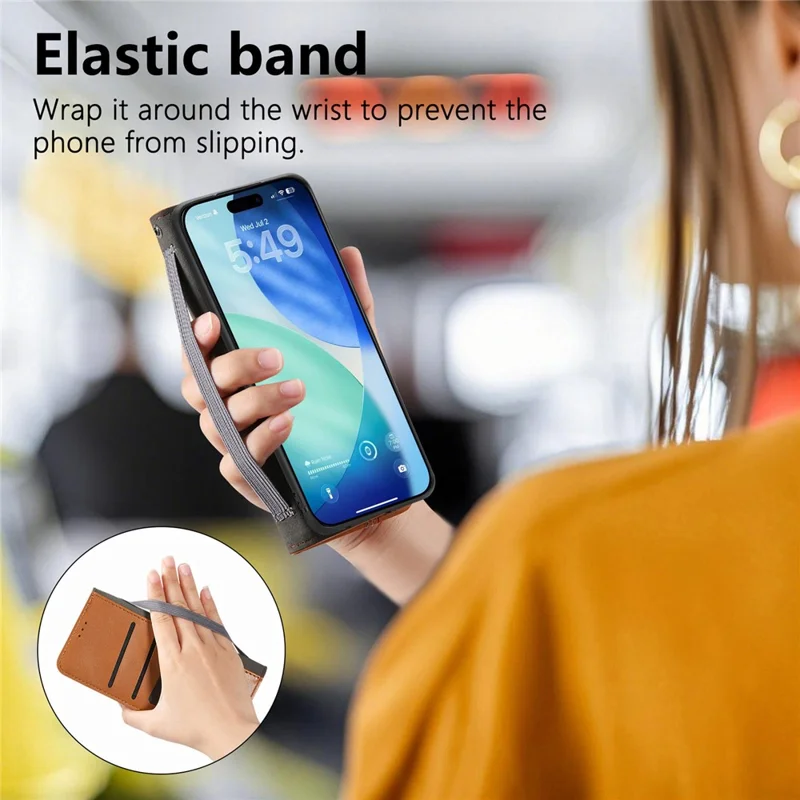 For iPhone Air Case Wallet Tri-Color Stitching Leather Phone Cover with Elastic Wristband - Brown