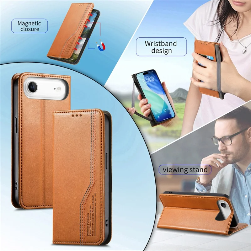 For iPhone Air Case Wallet Tri-Color Stitching Leather Phone Cover with Elastic Wristband - Brown