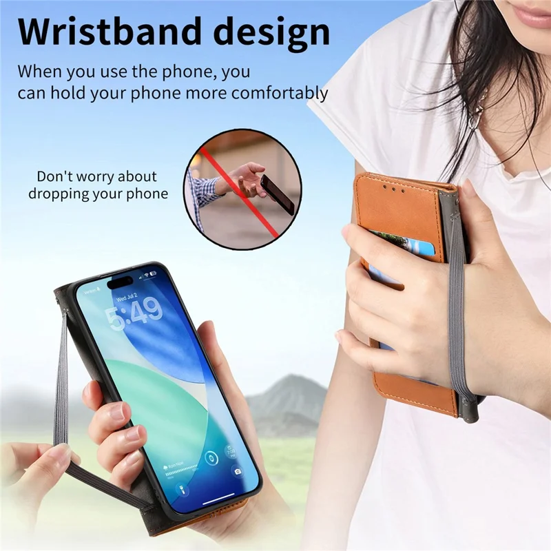 For iPhone Air Case Wallet Tri-Color Stitching Leather Phone Cover with Elastic Wristband - Brown