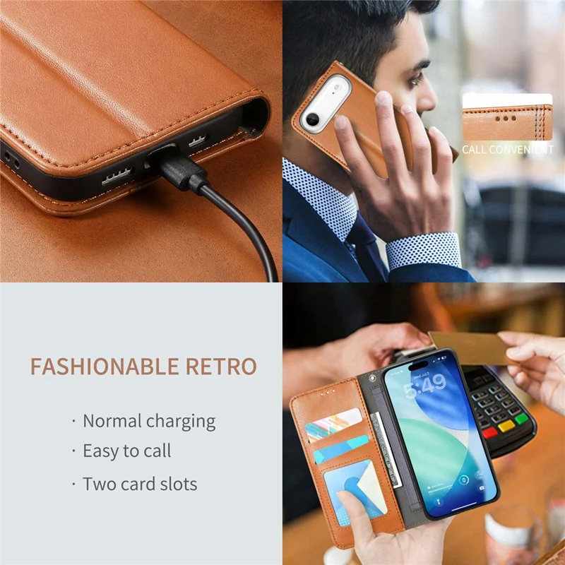 For iPhone Air Case Wallet Tri-Color Stitching Leather Phone Cover with Elastic Wristband - Brown