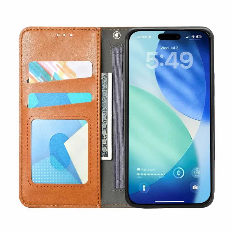 For iPhone Air Case Wallet Tri-Color Stitching Leather Phone Cover with Elastic Wristband - Brown