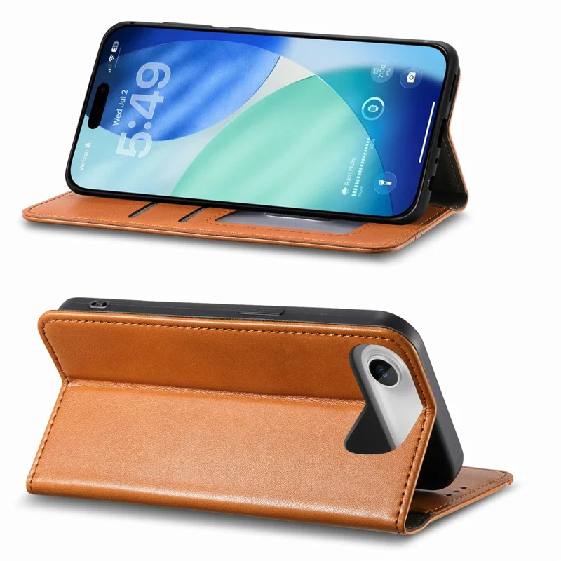 For iPhone Air Case Wallet Tri-Color Stitching Leather Phone Cover with Elastic Wristband - Brown