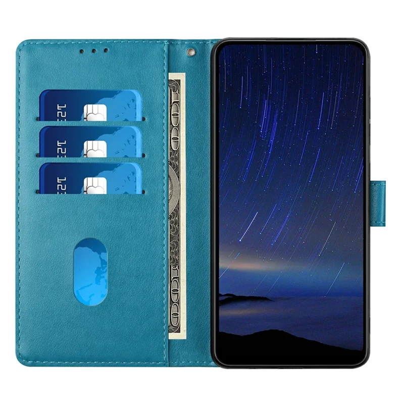 For iPhone 17 Leather Case Tree Imprint Wallet Stand Folio Phone Cover with Wrist Strap - Blue