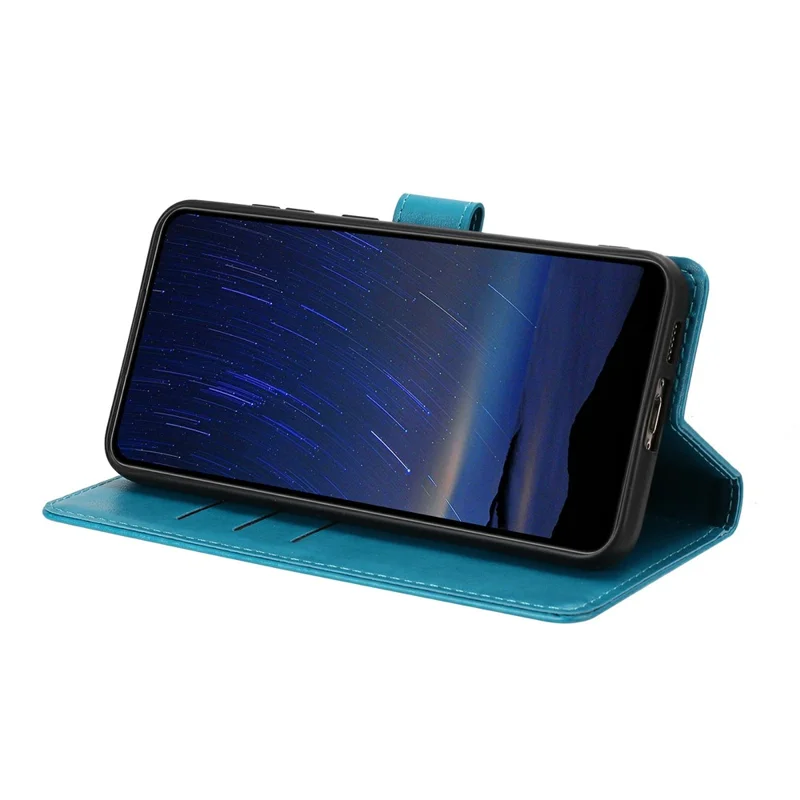 For iPhone 17 Leather Case Tree Imprint Wallet Stand Folio Phone Cover with Wrist Strap - Blue