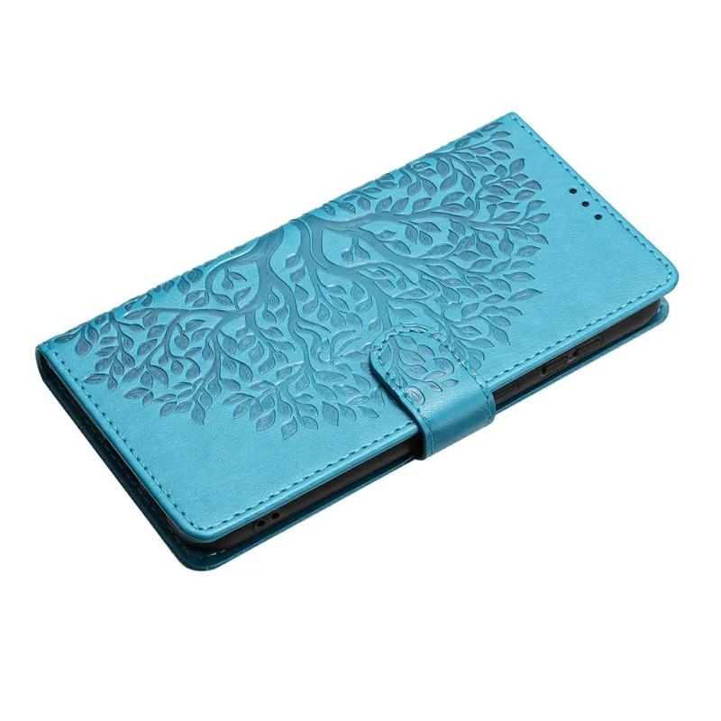 For iPhone 17 Leather Case Tree Imprint Wallet Stand Folio Phone Cover with Wrist Strap - Blue