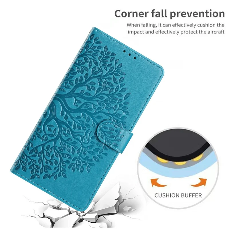 For iPhone 17 Leather Case Tree Imprint Wallet Stand Folio Phone Cover with Wrist Strap - Blue