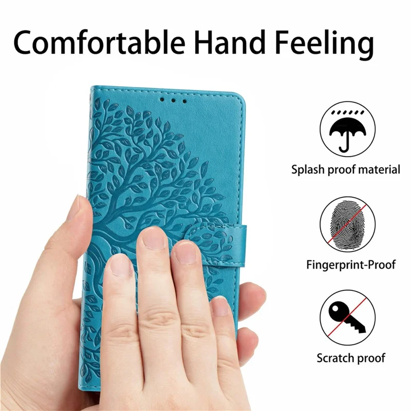 For iPhone 17 Leather Case Tree Imprint Wallet Stand Folio Phone Cover with Wrist Strap - Blue