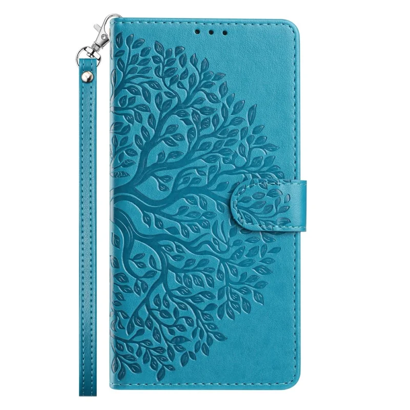 For iPhone 17 Leather Case Tree Imprint Wallet Stand Folio Phone Cover with Wrist Strap - Blue