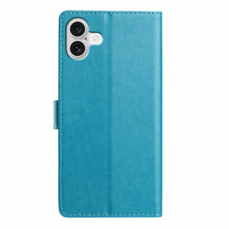 For iPhone 17 Leather Case Tree Imprint Wallet Stand Folio Phone Cover with Wrist Strap - Blue