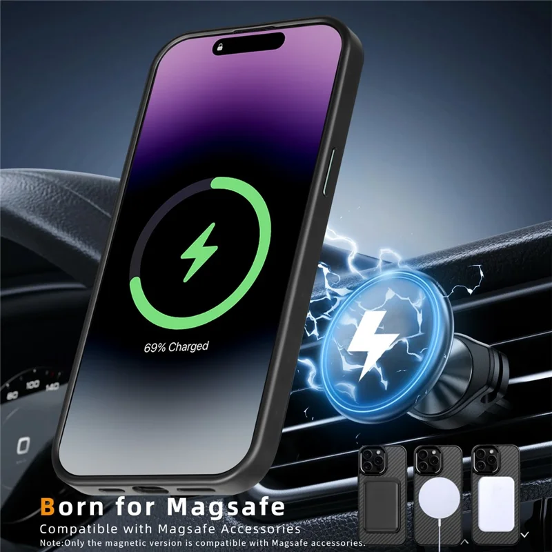 For iPhone 15 Pro Case Compatible with MagSafe Aramid Fiber TPU Phone Cover with Metal Lens Frame - Black
