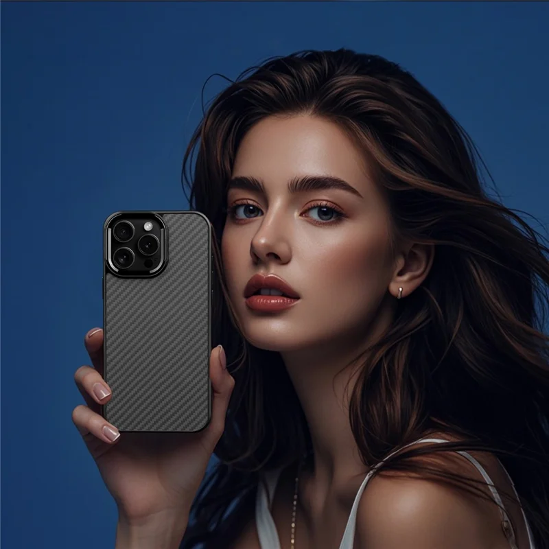 For iPhone 13 Pro Max Case Compatible with MagSafe Aramid Fiber TPU Phone Cover with Metal Lens Frame - Black