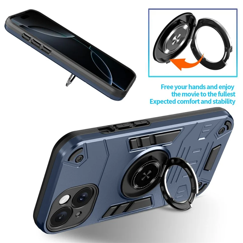 For iPhone 15 Case with Ring Holder Kickstand PC + TPU Anti-Fall Phone Cover - Dark Blue
