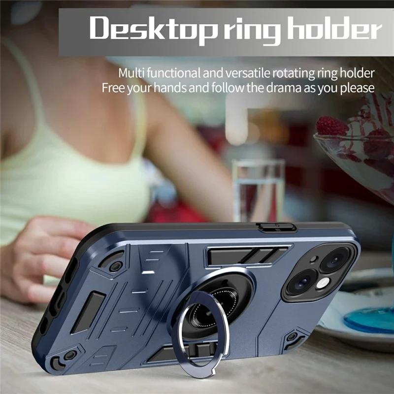 For iPhone 15 Case with Ring Holder Kickstand PC + TPU Anti-Fall Phone Cover - Dark Blue