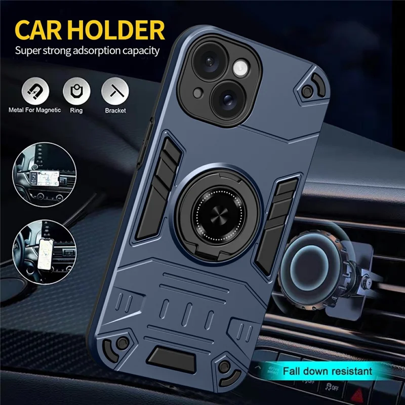 For iPhone 15 Case with Ring Holder Kickstand PC + TPU Anti-Fall Phone Cover - Dark Blue