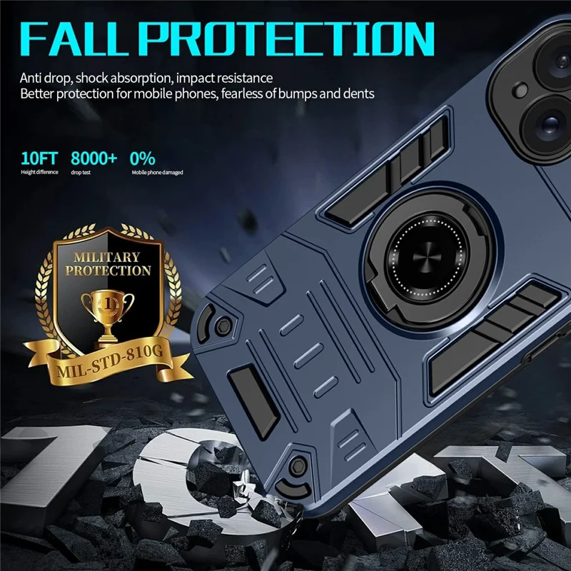 For iPhone 15 Case with Ring Holder Kickstand PC + TPU Anti-Fall Phone Cover - Dark Blue