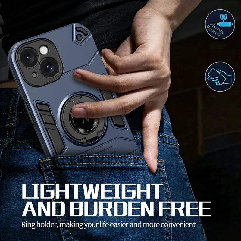 For iPhone 15 Case with Ring Holder Kickstand PC + TPU Anti-Fall Phone Cover - Dark Blue