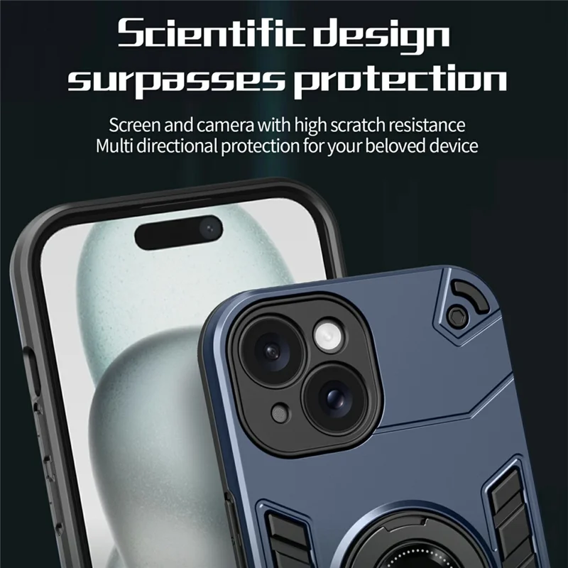 For iPhone 15 Case with Ring Holder Kickstand PC + TPU Anti-Fall Phone Cover - Dark Blue