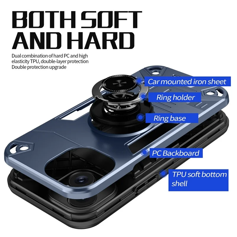 For iPhone 15 Case with Ring Holder Kickstand PC + TPU Anti-Fall Phone Cover - Dark Blue