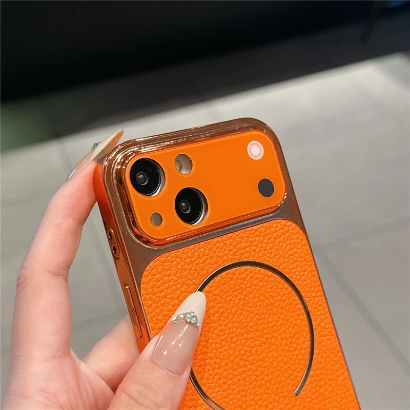 For iPhone 15 Electroplated Phone Case Transfer to 17 Pro Shockproof TPU PU Back Cover - Litchi Texture