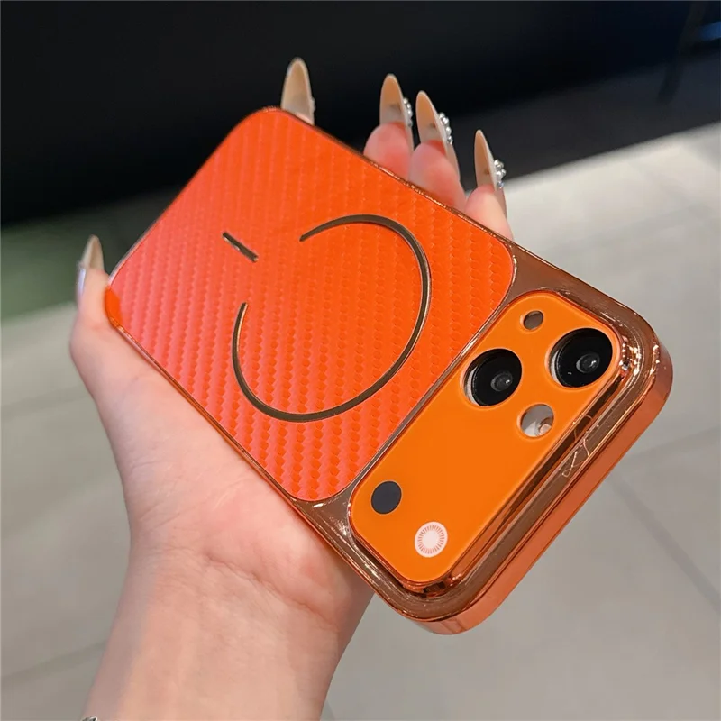 For iPhone 15 Plus Electroplated Phone Case Transfer to 17 Pro Shockproof TPU PU Back Cover - Carbon Fiber Texture