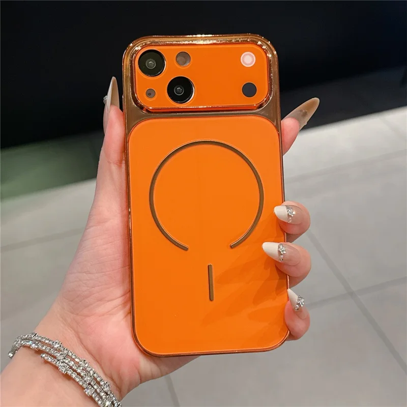 For iPhone 14 Plus Case Electroplated Frosted Shell Transfer to 17 Pro TPU PC Phone Cover - Orange