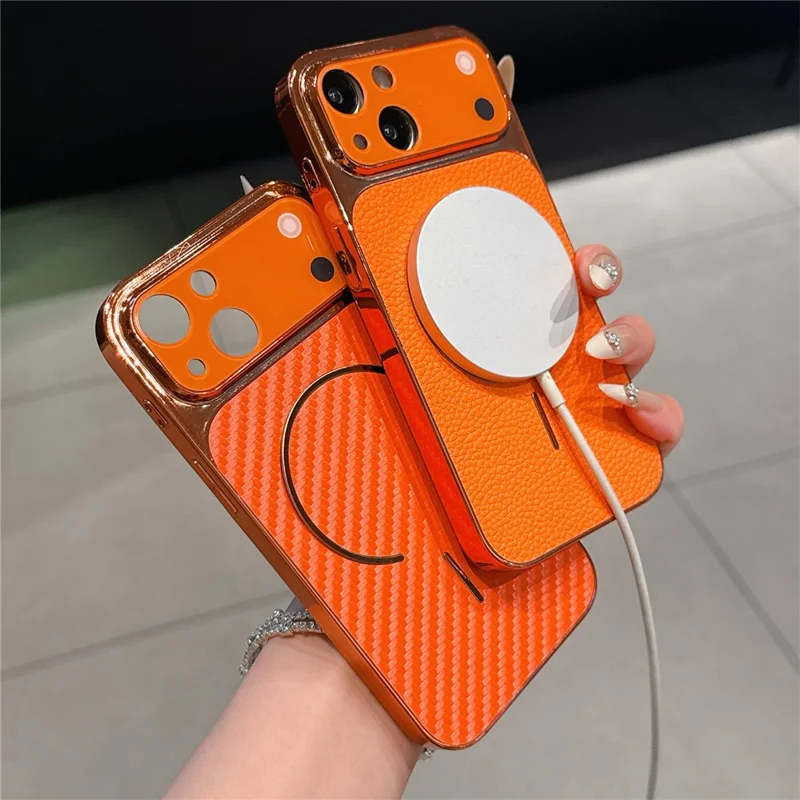 For iPhone 13 Electroplated Phone Case Transfer to 17 Pro Shockproof TPU PU Back Cover - Carbon Fiber Texture