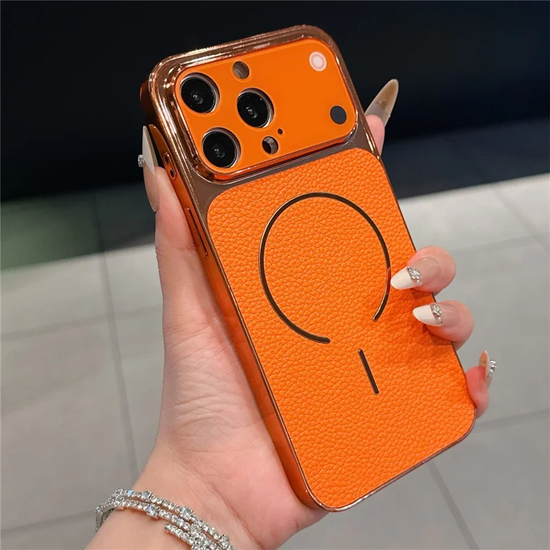 For iPhone 14 Pro Max Electroplated Phone Case Transfer to 17 Pro Max Shockproof TPU PU Back Cover - Litchi Texture