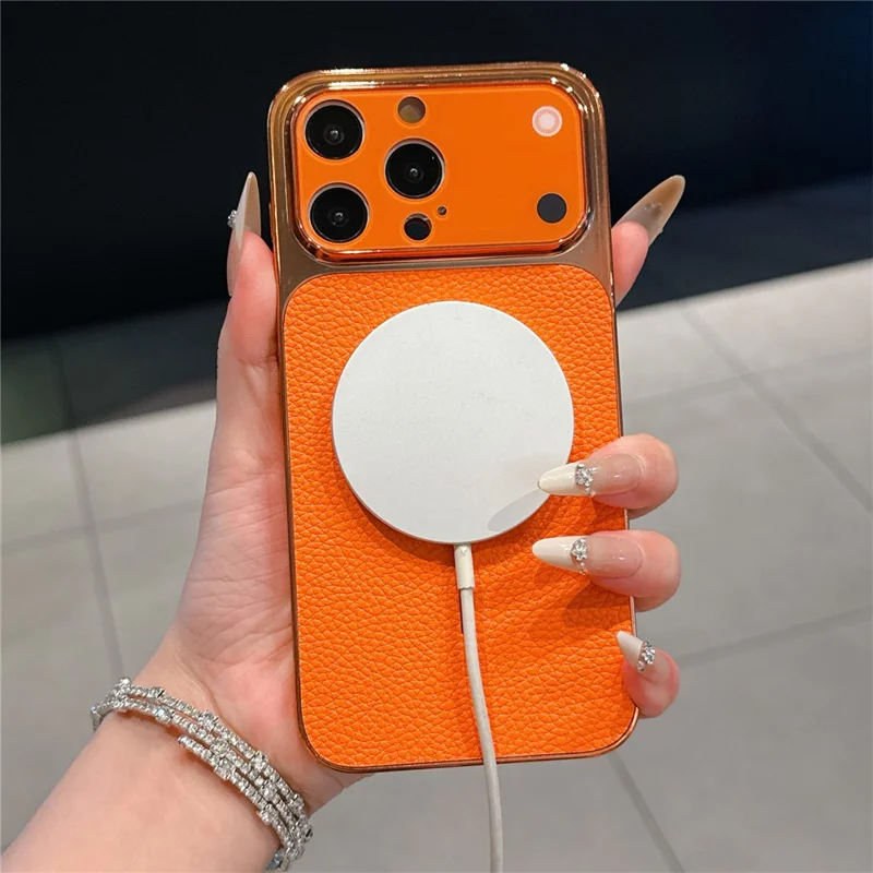 For iPhone 15 Pro Max Electroplated Phone Case Transfer to 17 Pro Max Shockproof TPU PU Back Cover - Litchi Texture