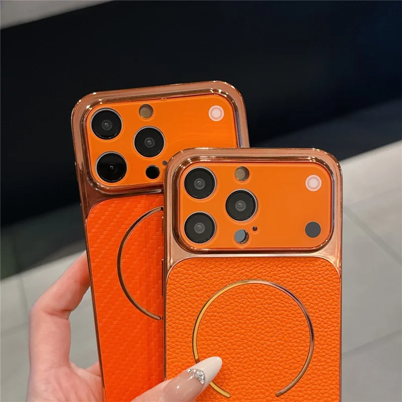 For iPhone 15 Pro Max Electroplated Phone Case Transfer to 17 Pro Max Shockproof TPU PU Back Cover - Litchi Texture