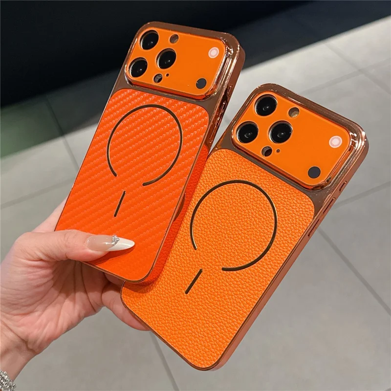 For iPhone 15 Pro Electroplated Phone Case Transfer to 17 Pro Shockproof TPU PU Back Cover - Litchi Texture