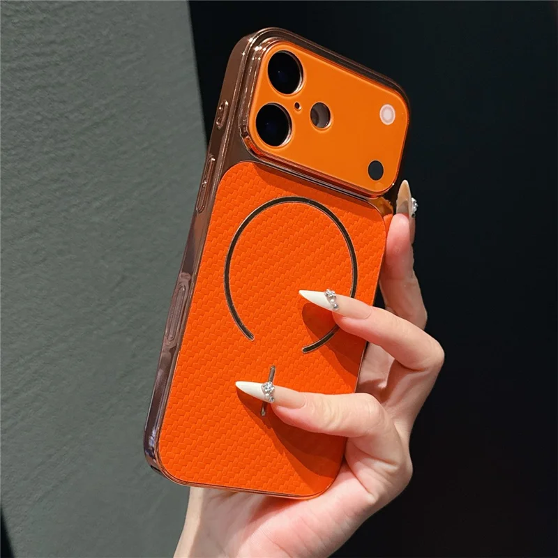 For iPhone 16 Pro Electroplated Phone Case Transfer to 17 Pro Shockproof TPU PU Back Cover - Carbon Fiber Texture