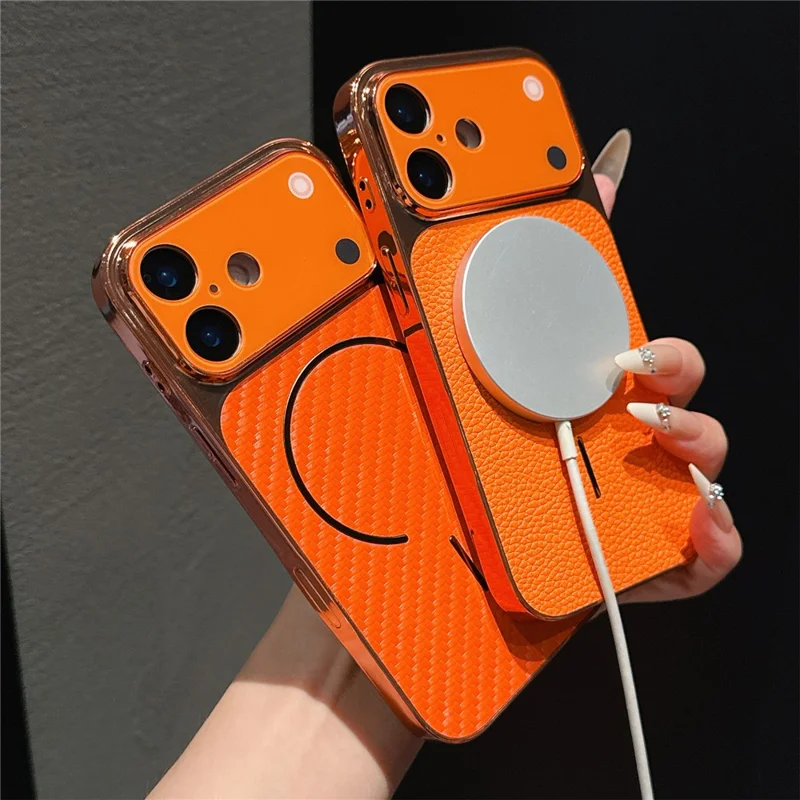 For iPhone 16 Pro Electroplated Phone Case Transfer to 17 Pro Shockproof TPU PU Back Cover - Carbon Fiber Texture