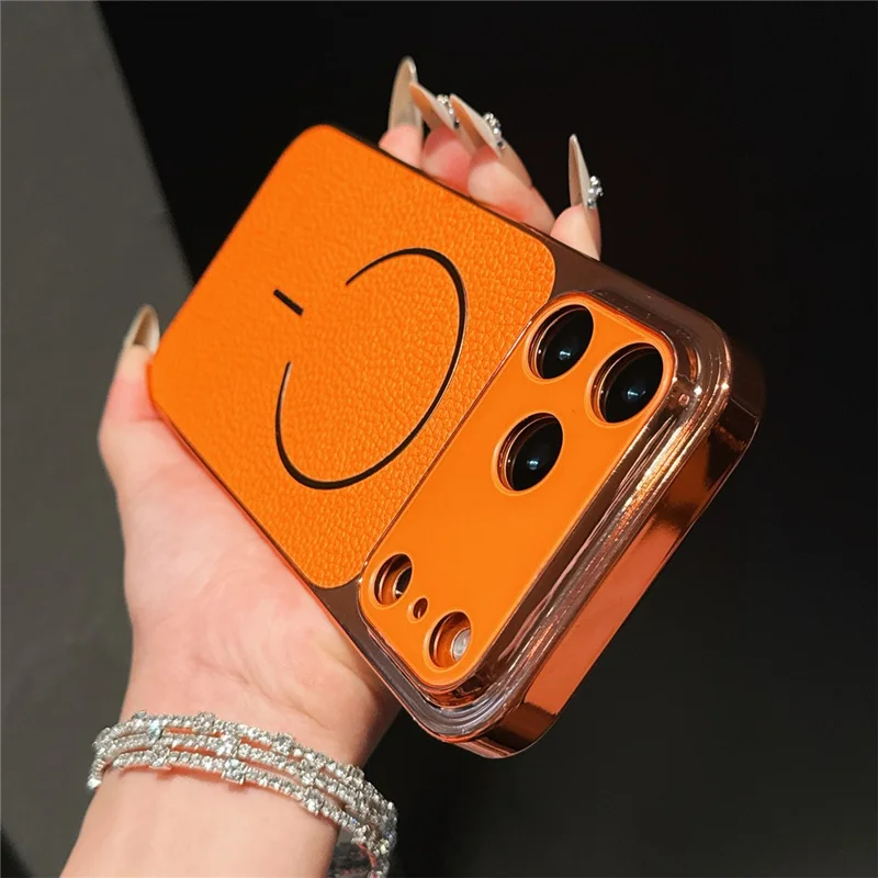 For iPhone 17 Pro Electroplated Phone Case Shockproof TPU PU Protective Back Cover - Litchi Texture