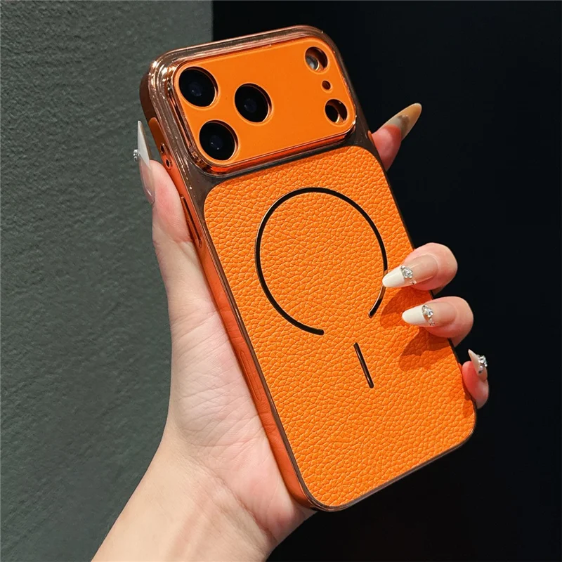 For iPhone 17 Pro Electroplated Phone Case Shockproof TPU PU Protective Back Cover - Litchi Texture