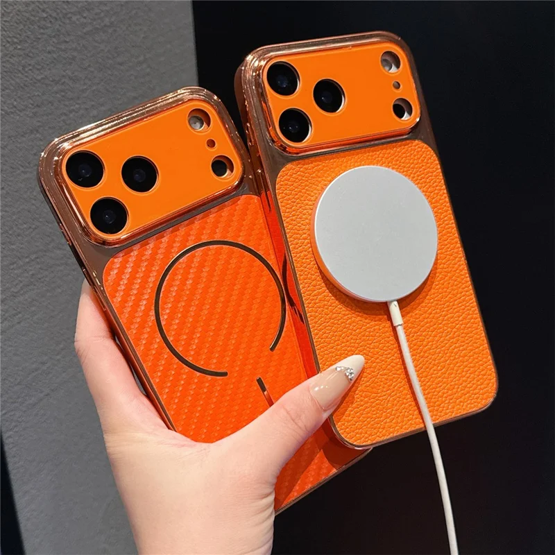 For iPhone 17 Pro Electroplated Phone Case Shockproof TPU PU Protective Back Cover - Litchi Texture