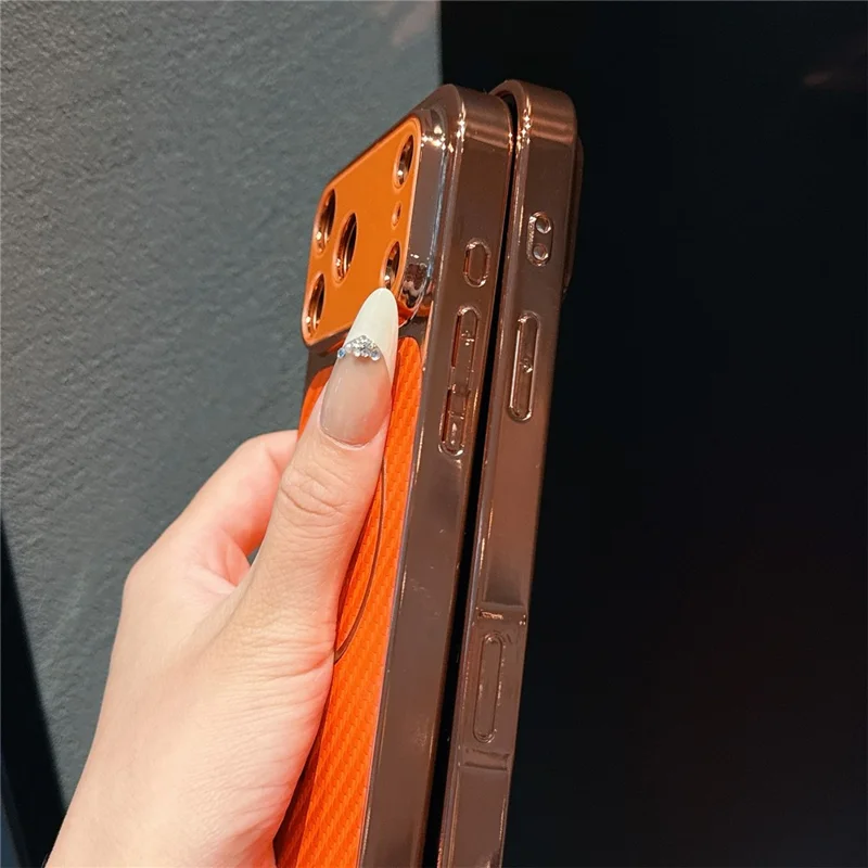 For iPhone 17 Pro Electroplated Phone Case Shockproof TPU PU Protective Back Cover - Litchi Texture