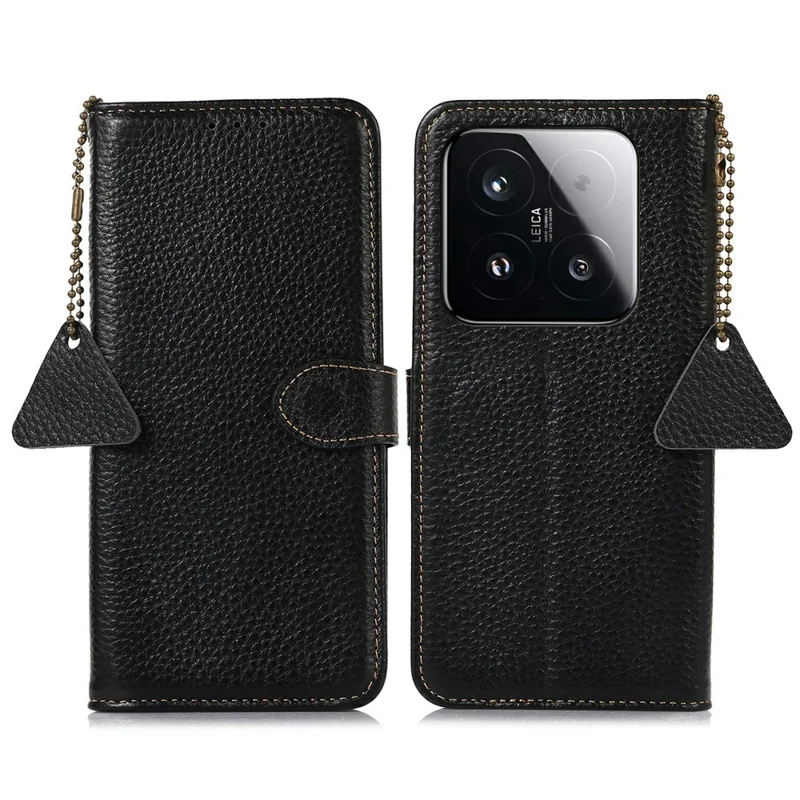 غطاء لهاتف شاومي 15T من جلد البقر الأصلي مع حماية من تتبع الشипات RFID وملمس قشرة الليتشي - أسود