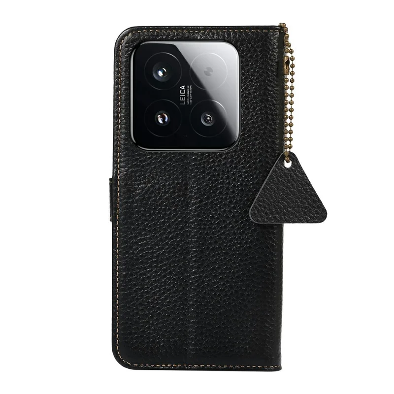 غطاء لهاتف شاومي 15T من جلد البقر الأصلي مع حماية من تتبع الشипات RFID وملمس قشرة الليتشي - أسود