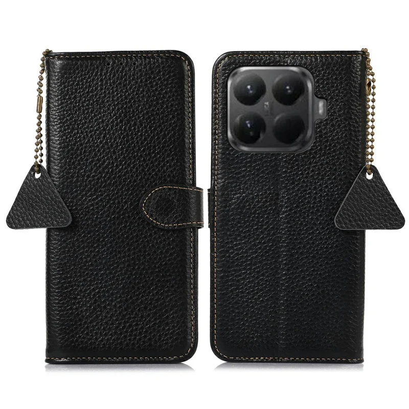 Xiaomi 15T Pro hoesje met RFID-blokkering van echt koeienleer met lederstructuur - Zwart