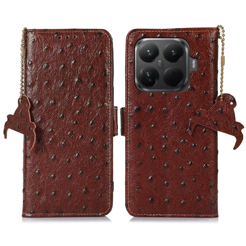For Xiaomi 15T Pro Case RFID Blocking Genuine Cow Leather Phone Case Ostrich Texture - Coffee