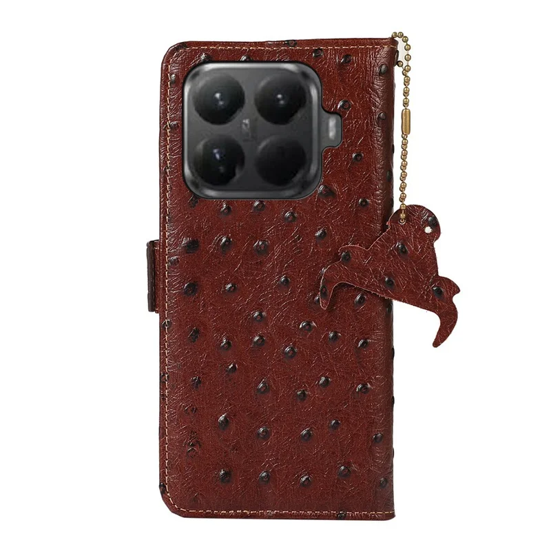 For Xiaomi 15T Pro Case RFID Blocking Genuine Cow Leather Phone Case Ostrich Texture - Coffee