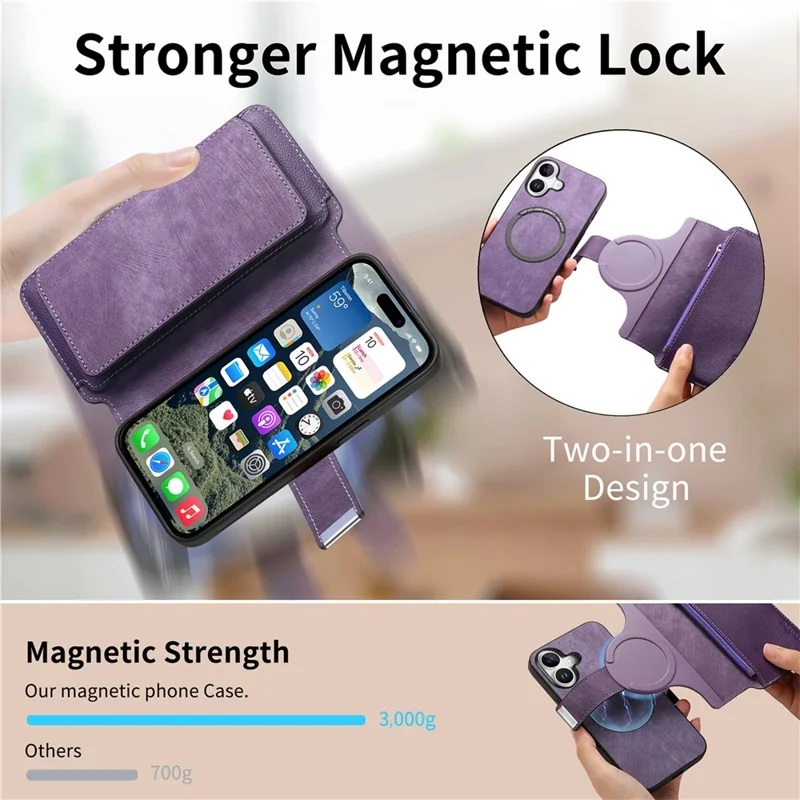 CASENEO MW-02 For iPhone 17 Case Detachable Magnetic Leather Flip Phone Cover - Purple