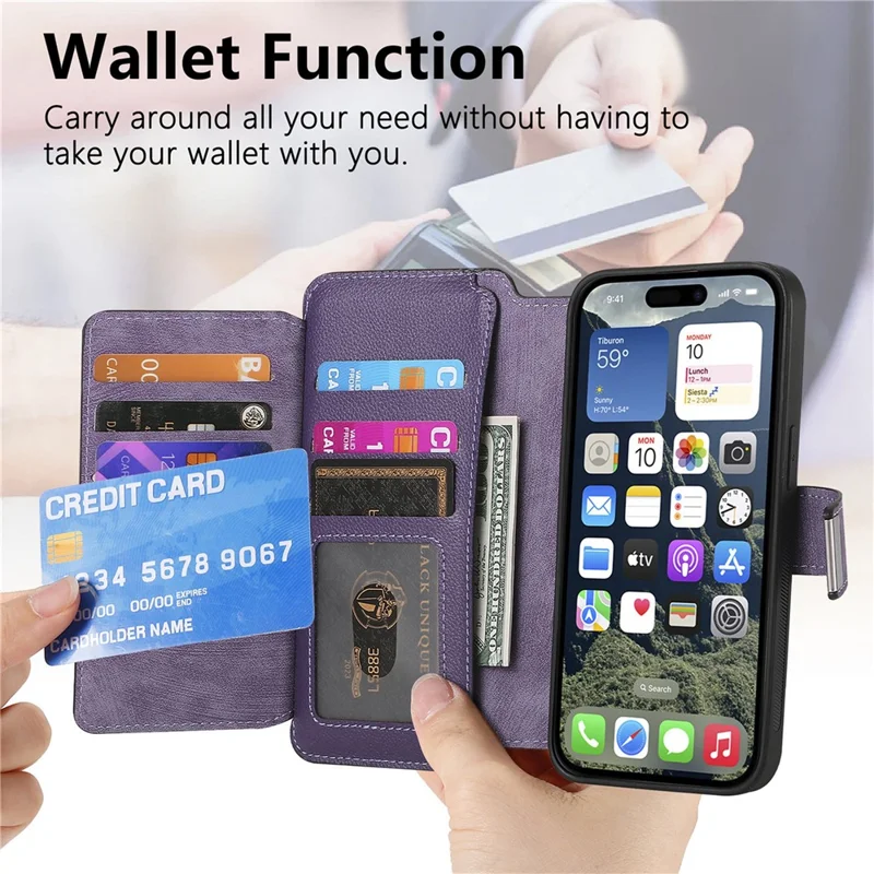 CASENEO MW-02 For iPhone 17 Case Detachable Magnetic Leather Flip Phone Cover - Purple