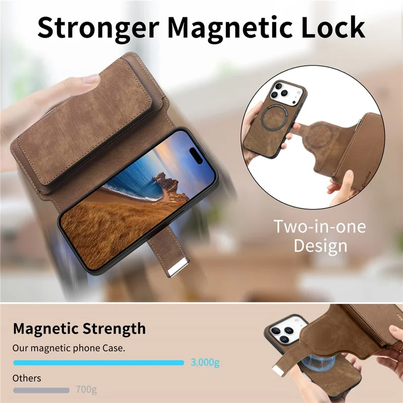 CASENEO MW-02 For iPhone 17 Pro Max Case Detachable Magnetic Leather Flip Phone Cover - Brown
