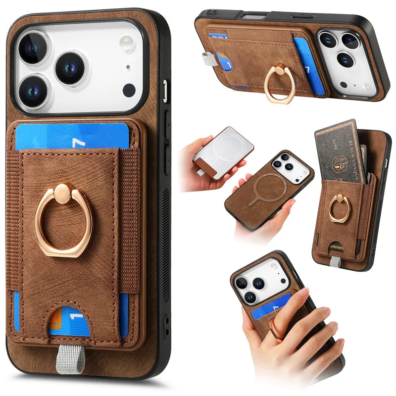 For iPhone 17 Pro Max Magnetic Case PU Leather Back Cover with Detachable Card Holder - Brown