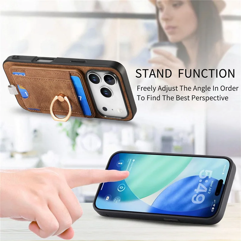 For iPhone 17 Pro Max Magnetic Case PU Leather Back Cover with Detachable Card Holder - Brown