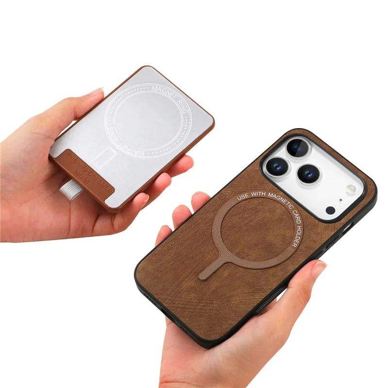 For iPhone 17 Pro Max Magnetic Case PU Leather Back Cover with Detachable Card Holder - Brown