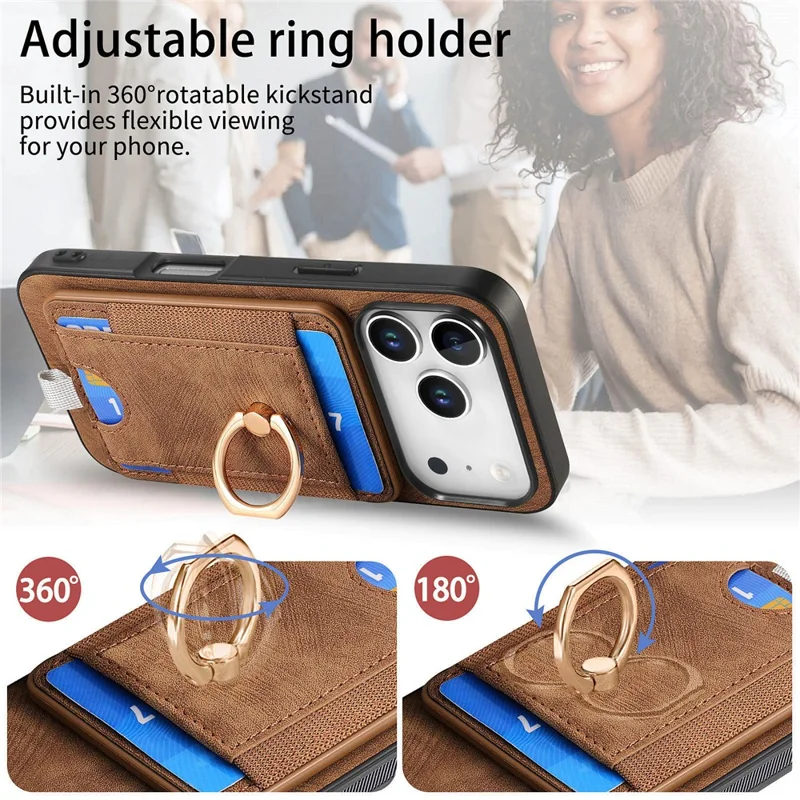 For iPhone 17 Pro Max Magnetic Case PU Leather Back Cover with Detachable Card Holder - Brown